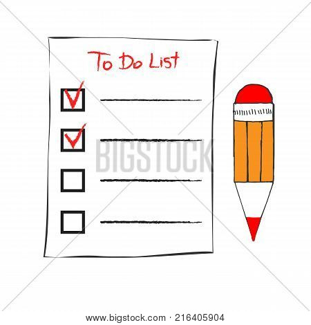 To do list icon in doodle sketch lines. Office report information. Sketch hand with clipboard checklist and pen isolated on white background vector illustration. Checklist and pencil tick