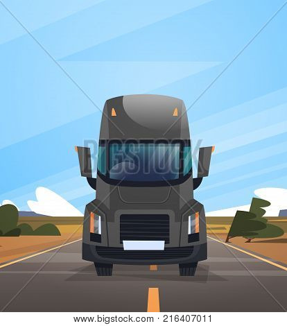Front View Of Cargo Truck Trailer Driving On Coutryside Road Over Blue Sky Landscape Vector Illustration
