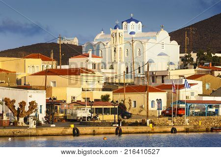 PSARA, GREECE - NOVEMBER 9, 2017: Morning view of Psara village on Psara island on November 9, 2017.