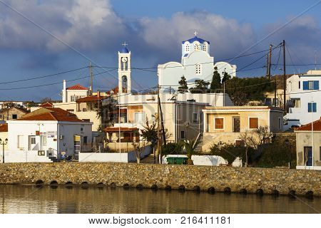 PSARA, GREECE - NOVEMBER 9, 2017: Morning view of Psara village and its main church on November 9, 2017.