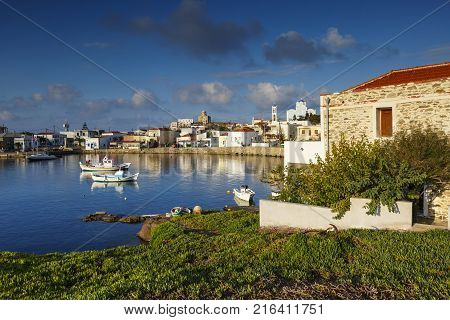 Morning view of Psara village and its harbour.