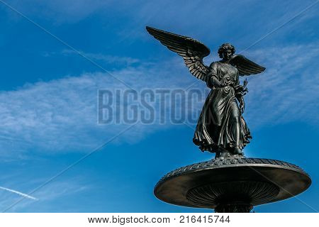 Angel of the Waters statue at the top of Bethesda fountain in Central Park NYC.