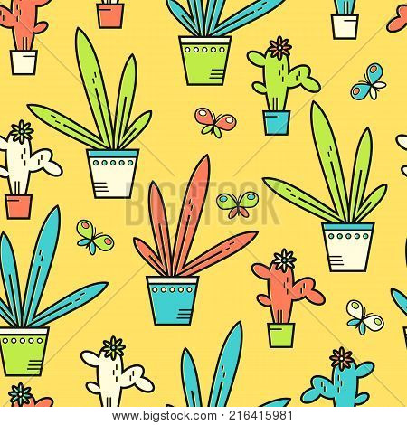 Simple vector bright flat linear houseplants. Succulent and leaves. Green friends. Minimalistic graphic sign. Line art. Seamless bright pattern