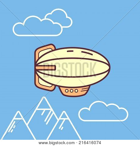Vector flate linear cute little airchip flyin under mountains in the sky with clouds. Zeppelin, icon style. Bright color