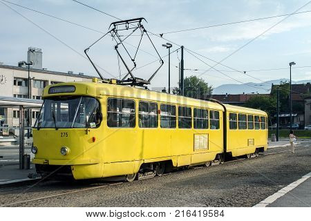 SARAJEVO BOSNIA - JUNE 12 2008: Sarajevo Tram Tatra K2 series waiting for departure in the suburb of Sarajevo near the train station