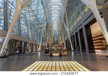 Toronto Canada - Oct 21 2017: Interior of the Brookfield Place in Toronto. Brookfield Place is an office and shopping complex downtown in Toronto Canada
