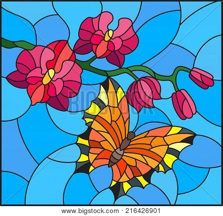 Illustration in stained glass style with a branch of pink Orchid and orange bright butterfly on a blue background