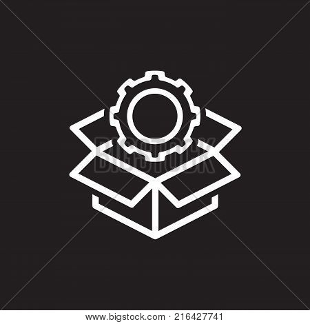 Engineering Solutions Icon. Gear and Cardbox. Product Symbol. Flat Line Pictogram. Isolated on white background.