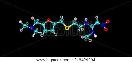 Ranitidine is a medication that decreases stomach acid production. It is commonly used in treatment of peptic ulcer disease gastroesophageal reflux disease. 3d illustration