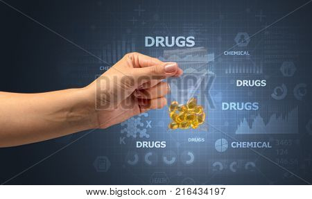Naked hand gives chemicals in vacuum plastic bag with scholarly concept