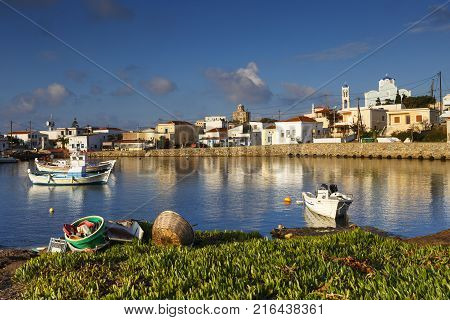 Morning view of Psara village and its harbour.