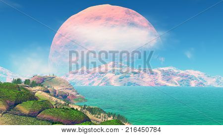 Alien Planet. Rocks And  Lake. 3D Rendering