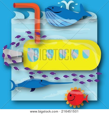 This file represents a yellow submarine boating under the water with fishes.