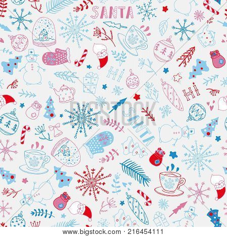 Seamless christmas pattern with Santa Claus, snow globe, candy cane, fir-tree, snoflakes, gift boxes, gloves etc. Stock vector