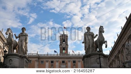 Roman building and statues in Rome, Italy