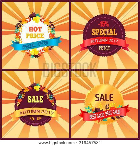 Autumn discounts 2017 gift card design hot prices sale concept with maple leaves isolated fall golden foliage vector illustration promo posters set