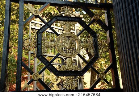 A view of a decorative metal gate at the entrance to Alexander Gardens in Moscow