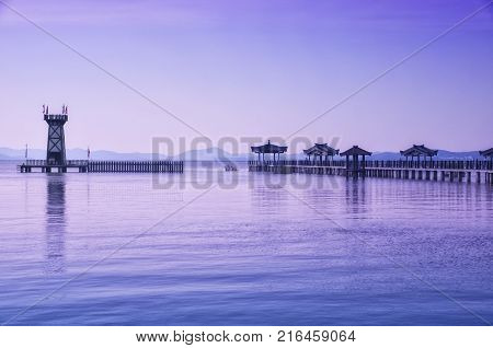 The three kingdoms scenic area walkway and towers in the Wuxi China on Tai lake or taihu in Jiangsu province.