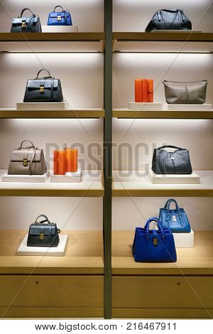 ROME, ITALY - CIRCA NOVEMBER, 2017: Bottega Veneta bags sit on display at a second flagship store of Rinascente in Rome.