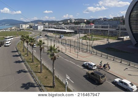 Adler, Sochi, Krasnodar region, Russia - July 9, 2016: View of the street of the Enlightenment in the resort settlement Adler from the lookout Railway Station