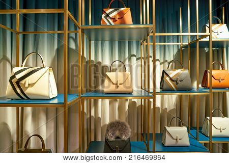 ROME, ITALY - CIRCA NOVEMBER, 2017: Valextra bags on display at a second flagship store of Rinascente in Rome.