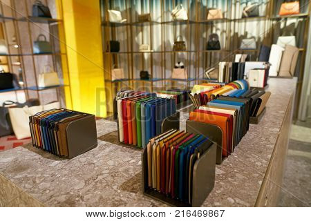 ROME, ITALY - CIRCA NOVEMBER, 2017: Valextra products on display at a second flagship store of Rinascente in Rome.