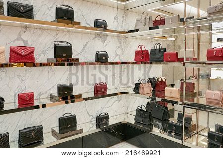 ROME, ITALY - CIRCA NOVEMBER, 2017: Yves Saint Laurent bags on display at a second flagship store of Rinascente in Rome.