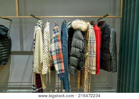 ROME, ITALY - CIRCA NOVEMBER, 2017: Burberry clothing on display at a second flagship store of Rinascente in Rome.