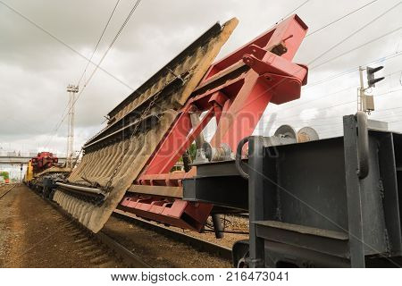 Railway tracklayers ready to lay the rails. Stop before starting work