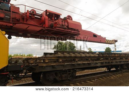 Railway tracklayers ready to lay the rails. Stop before starting work