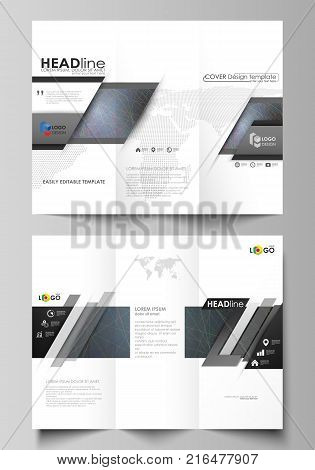 Tri-fold brochure business templates on both sides. Easy editable abstract vector layout in flat design. Colorful dark background with abstract lines. Bright color chaotic, random, messy curves. Colourful vector decoration.