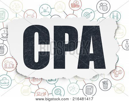 Business concept: Painted black text CPA on Torn Paper background with Scheme Of Hand Drawn Business Icons