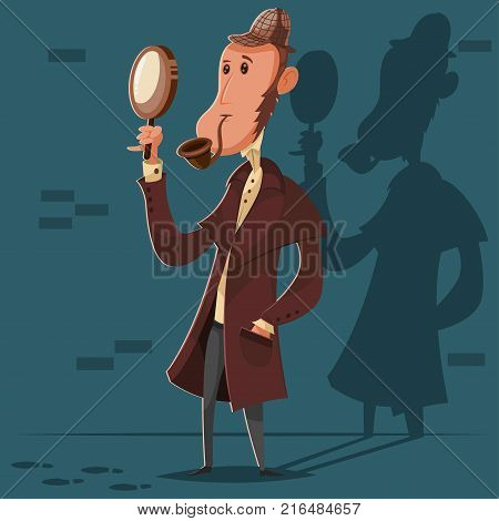 Detective in a hat with a smoking pipe and a magnifying glass. Vector cartoon character of a male investigator.