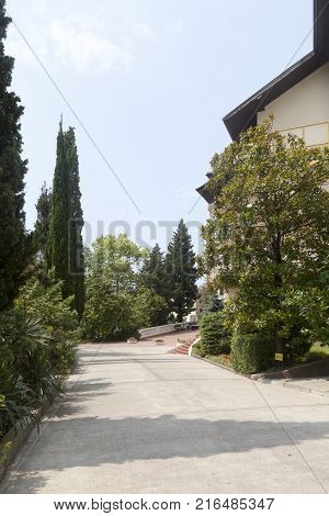 Dederkoy, Tuapse District, Krasnodar Region, Russia - July 14, 2013: Small street in the resort Green Guy