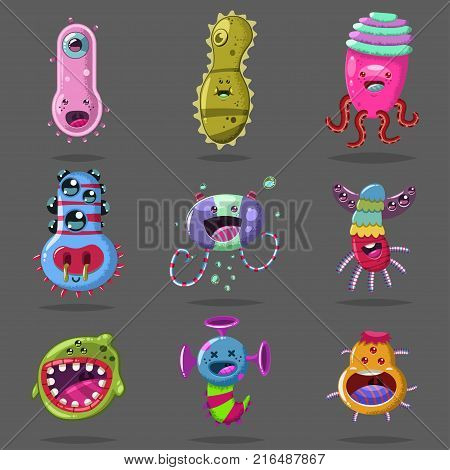 Funny bacteria virus germ vector cartoon character set. Cute monster microbe and pathogen vector icons isolated on background.