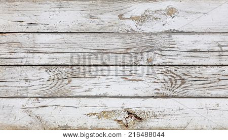 Close up background texture of old vintage weathered white painted grunge wooden planks with brown wood grain