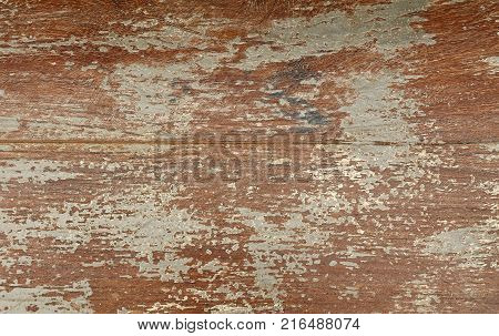 Grunge background texture of brown and grey painted wood with dirty stains, brushed scratches and cracks