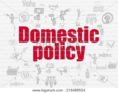 Politics concept: Painted red text Domestic Policy on White Brick wall background with Scheme Of Hand Drawn Politics Icons