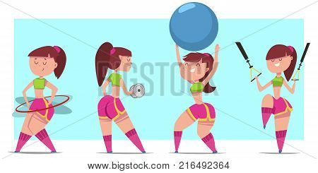 Woman doing fitness exercises with dumbbells fit ball hula hoop and suspension training. Cute cartoon girl vector character set isolated on a background. Healthy lifestyle and sport illustration.