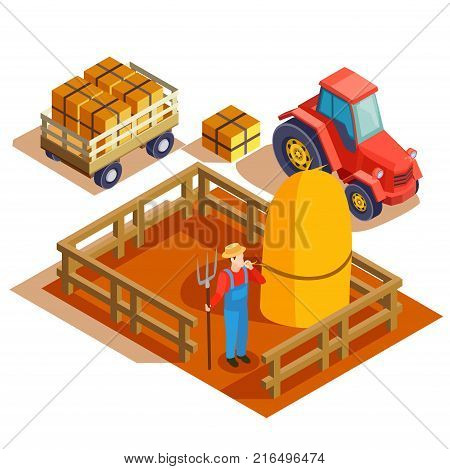 Gardener isometric composition with agrimotor pulling cart and farmer with pitchfork and haymow in fenced area vector illustration