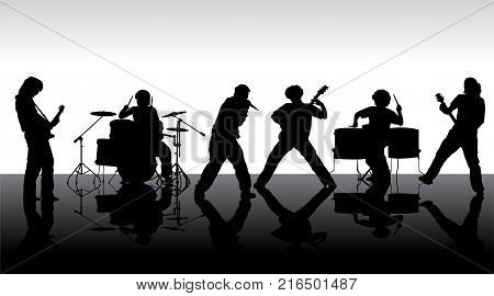 Rock band silhouette on stage. Vector illustration