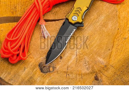 Blade of a knife with a saw for cutting cords and a safety belt. Orange rope.