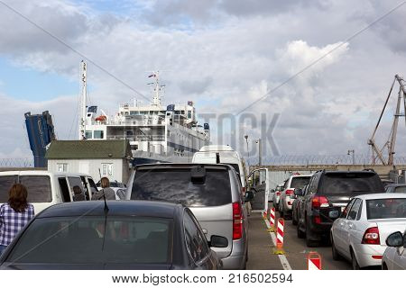 RUSSIA,PORT-KAVKAZ - JUNE 12, 2014: Car ferry service between Krasnodar region and the Crimea