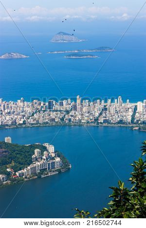 Rio de Janeiro Brazil. Beautiful panoramic view from the top of the neighborhood and beach of Ipanema, lagoon rodrigo freitas, ocean and islands.