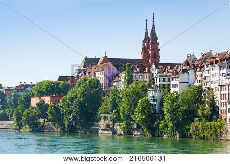Scenic view of Rhine waterfront with Basel Minster in the background, Switzerland