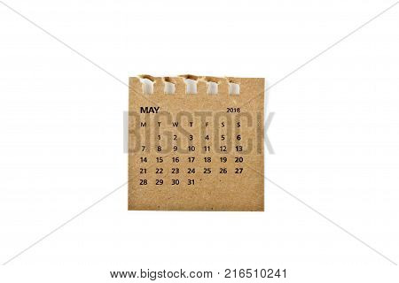 May. Calendar sheet. Two thousand eighteen year calendar on white background.