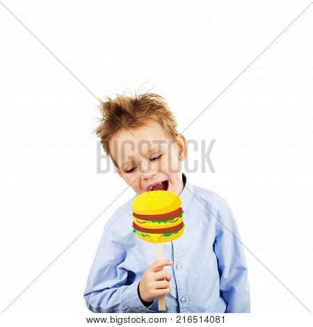 Cute Little School Boy With Fake Paper Burger Against A White Background. Cheerful Smiling Kid With