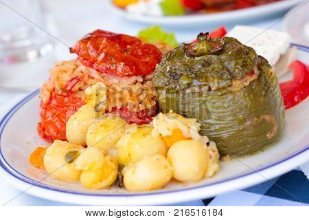 Gemista greek traditional food - stuffed peppers with minced beef rice and herbs