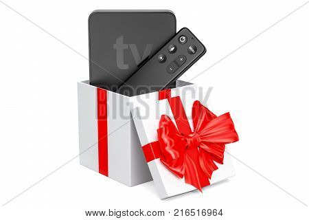 Modern Digital Media Player TV inside gift box gift concept. 3D rendering isolated on white background