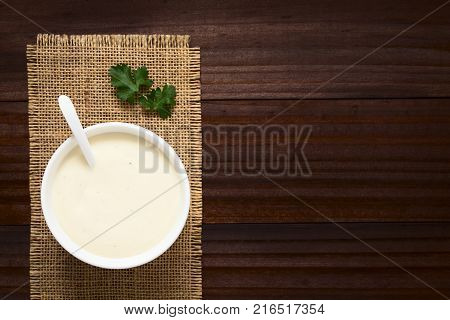 Homemade French Bechamel or White Sauce served in sauce boat photographed overhead on dark wood with natural light (Selective Focus Focus on the sauce)